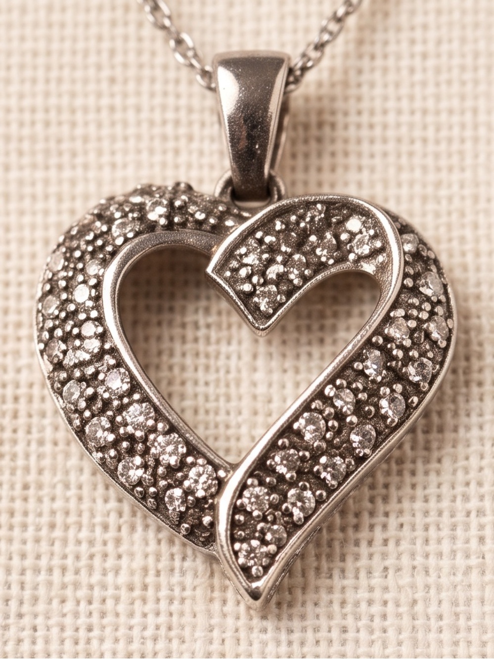 Dainty Silver Sterling .925 Heart Pendant Necklace With 18” Chain Diamond Stones